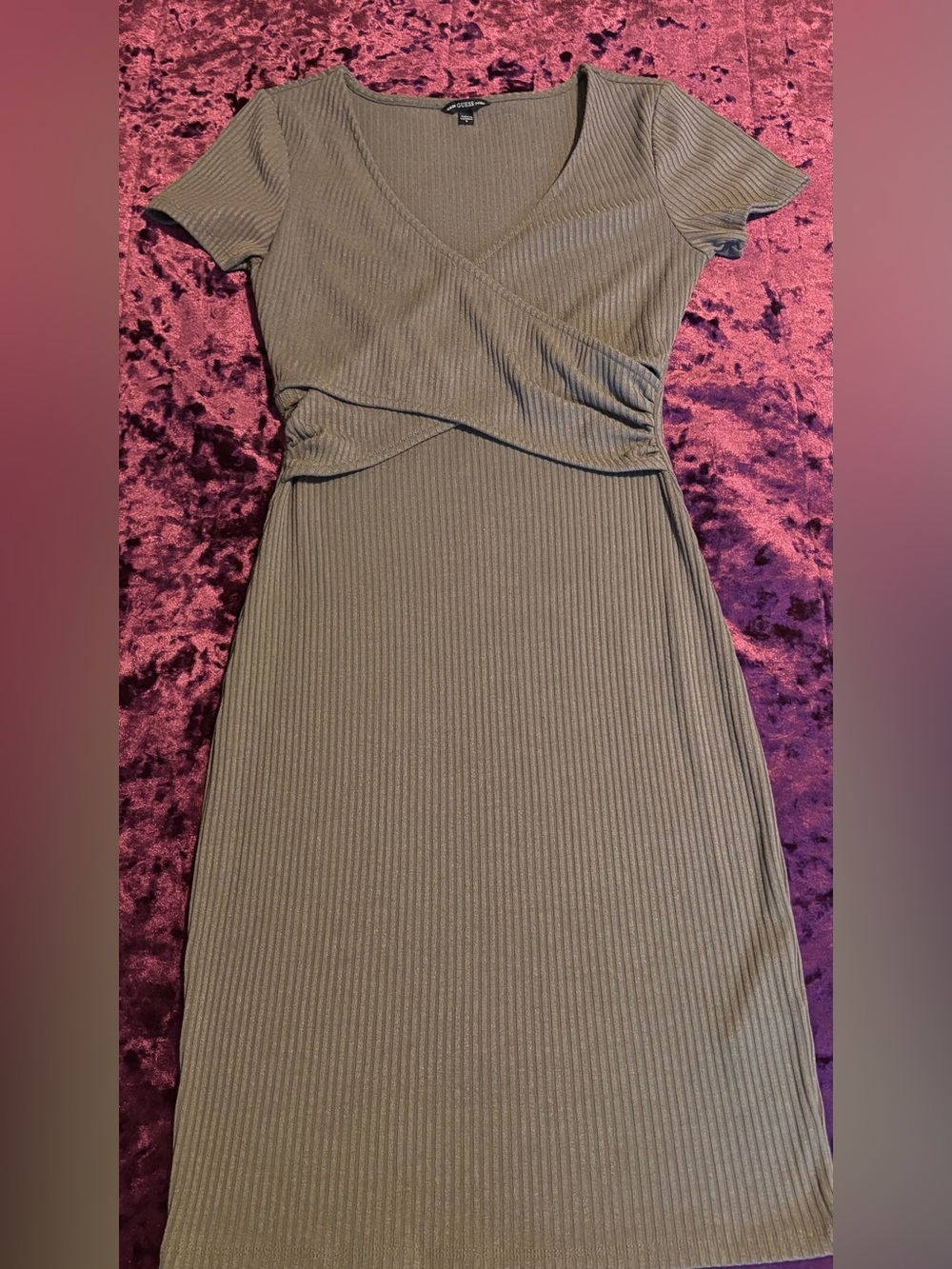 Guess Olive Ribbed V-Neck Wrap Dress